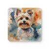 Square coaster with a watercolor style image of a Yorkie dog printed on it.
