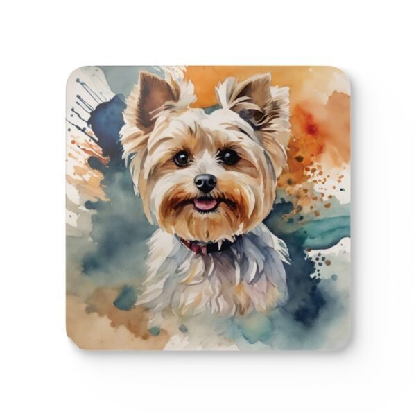Square coaster with a watercolor style image of a Yorkie dog printed on it.
