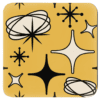 A square coaster with a golden yellow background and black mid‑century atomic shapes. The design includes rounded and pointed geometric forms with cream‑colored open spaces in the interior areas.