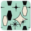 A square coaster with a mint background featuring black mid‑century atomic shapes. The design uses curved and intersecting geometric elements with cream‑colored open spaces inside the shapes.