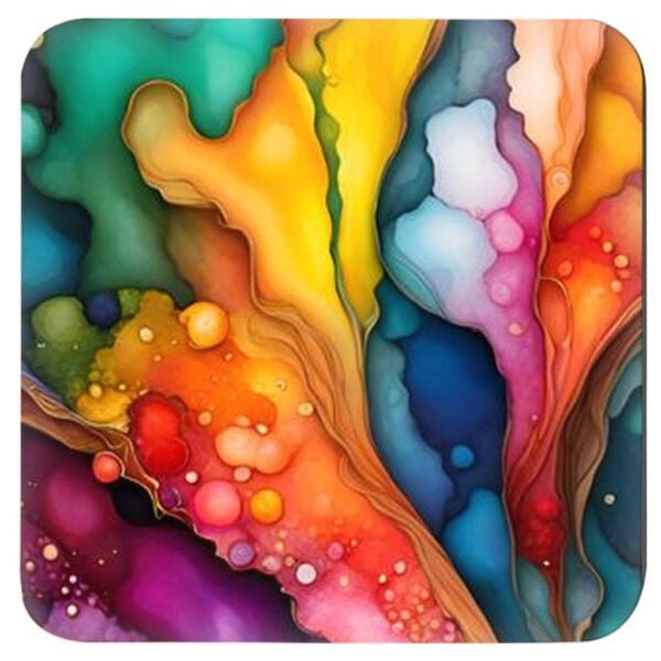 Square coaster with bright jewel tone color abstract watercolor print.