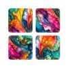 Set of four square coasters with coordinating bright jewel tone color abstract watercolor print.