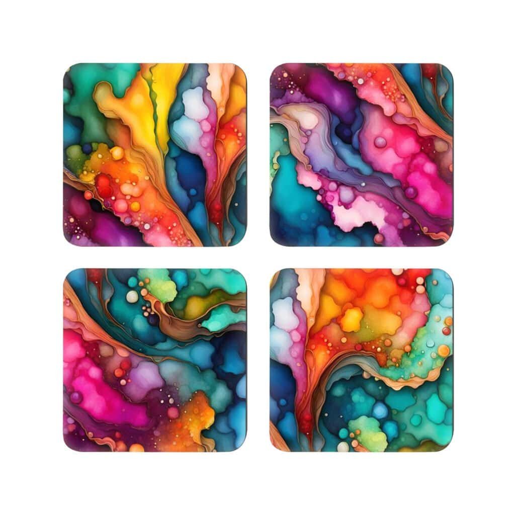 Set of four square coasters with coordinating bright jewel tone color abstract watercolor print.