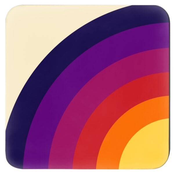 Square coaster with retro rainbow color arc on the corner.