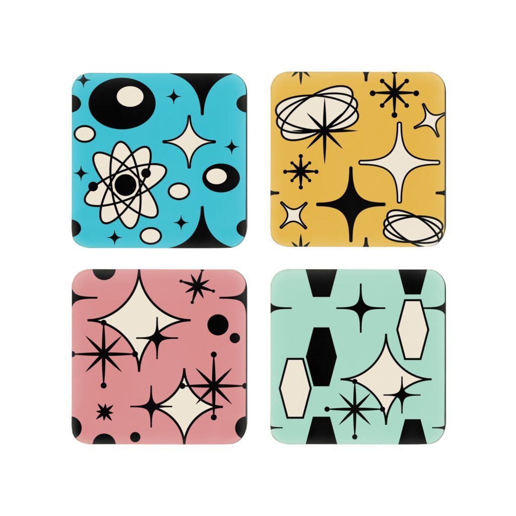 Four mid‑century modern coasters arranged in a square. Each coaster has a different pastel background color with black atomic‑style geometric shapes. The top left coaster is aqua, the top right is dusty rose, the bottom left is golden yellow, and the bottom right is mint. All four designs include small cream‑colored open spaces within the shapes.