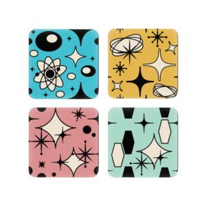 Four mid‑century modern coasters arranged in a square. Each coaster has a different pastel background color with black atomic‑style geometric shapes. The top left coaster is aqua, the top right is dusty rose, the bottom left is golden yellow, and the bottom right is mint. All four designs include small cream‑colored open spaces within the shapes.
