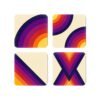 Set of four square coasters with retro color rainbow shape designs on each one.