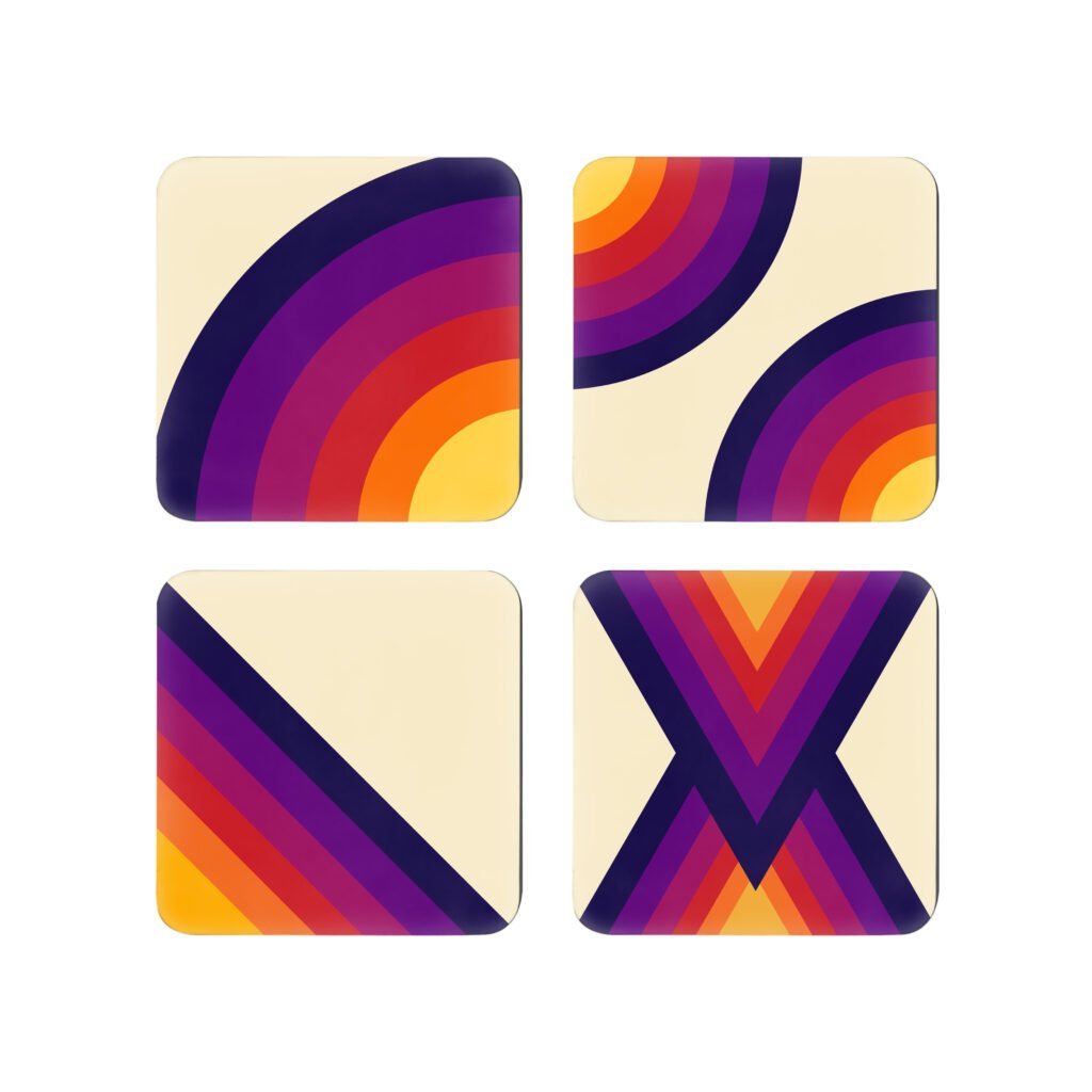 Set of four square coasters with retro color rainbow shape designs on each one.