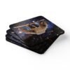 Set of four square coasters with Square coaster with an image of a sloth in space. Shown stacked on a table.