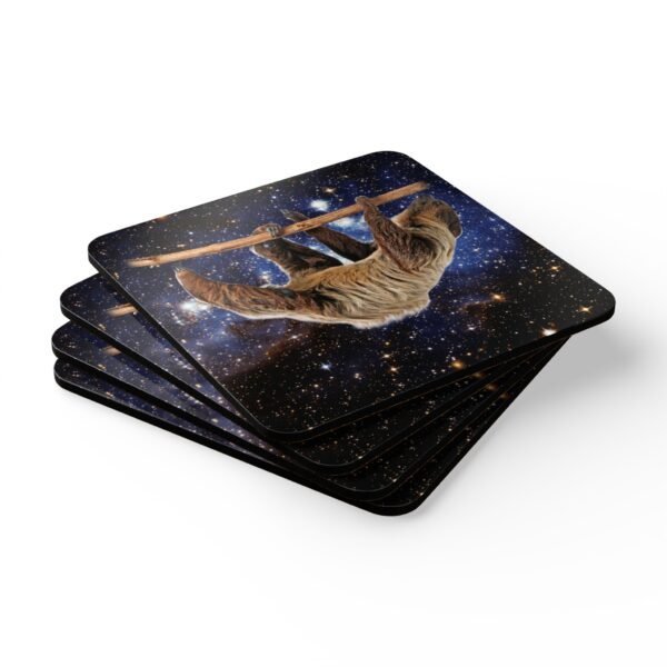 Set of four square coasters with Square coaster with an image of a sloth in space. Shown stacked on a table.