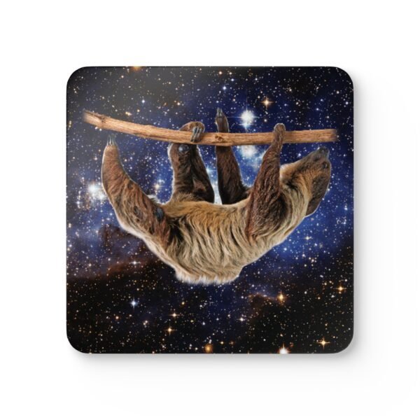 Set of four square coasters with Square coaster with an image of a sloth in space.