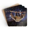 Set of four square coasters with Square coaster with an image of a sloth in space. Shown stacked on a table.