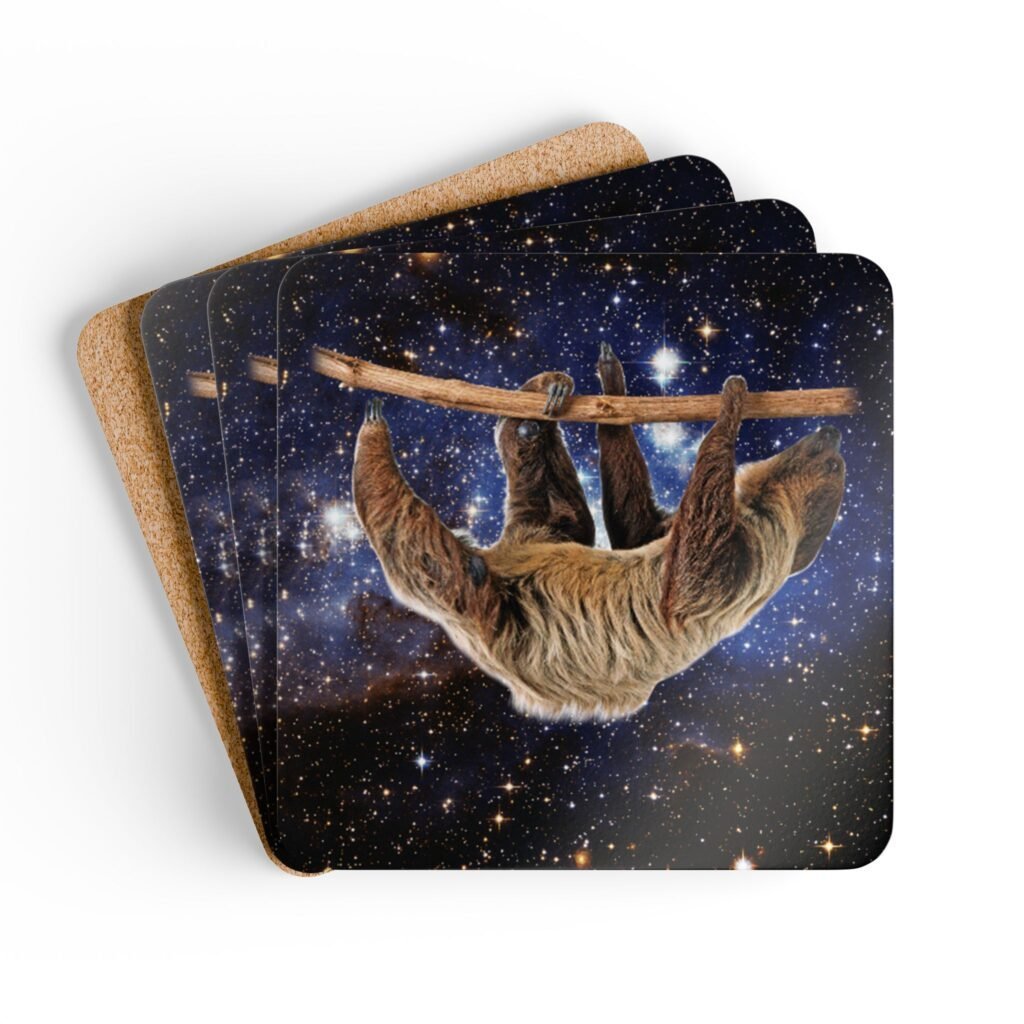 Set of four square coasters with Square coaster with an image of a sloth in space. Shown stacked on a table.