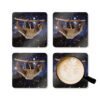 Set of four square coasters with Square coaster with an image of a sloth in space. Shown with a mug for scale.