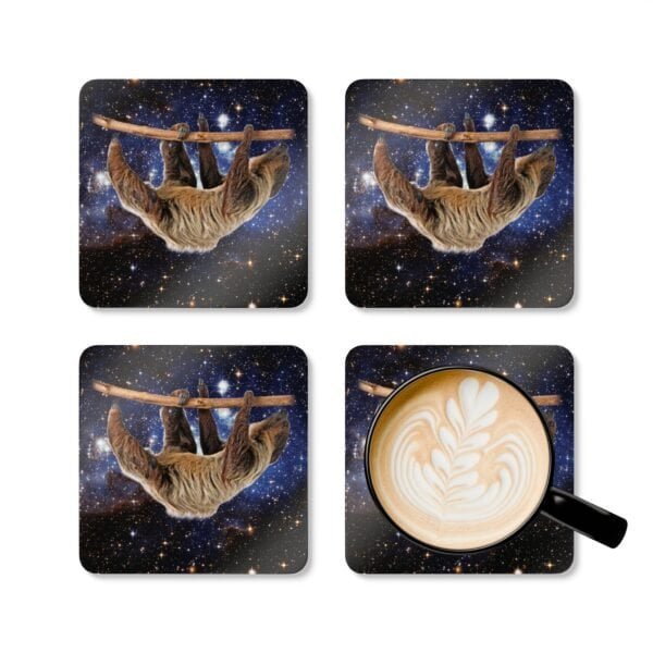 Set of four square coasters with Square coaster with an image of a sloth in space. Shown with a mug for scale.