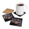 Set of four square coasters with Square coaster with an image of a sloth in space. Shown with a mug for scale.