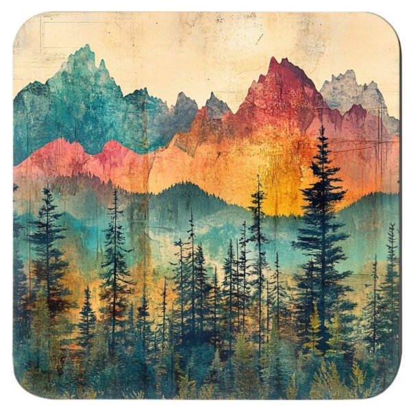 Coaster set featuring a rainbow watercolor forest with layered mountains and soft blended colors.
