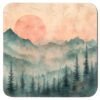 Coaster set featuring misty pines and a warm smokey sunset in soft tones.
