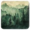 Square coaster with image of misty green and grey forest landscape with layered trees fading into soft mountain fog.