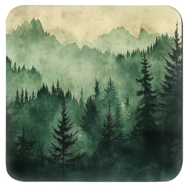 Square coaster with image of misty green and grey forest landscape with layered trees fading into soft mountain fog.
