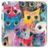 Set of colorful abstract cat‑themed coasters featuring bold brushstrokes and big expressive eyes.