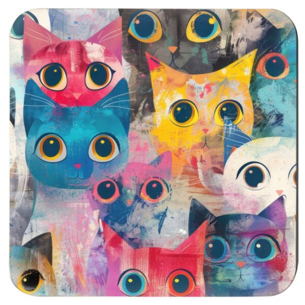 Set of colorful abstract cat‑themed coasters featuring bold brushstrokes and big expressive eyes.
