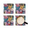 Set of colorful abstract cat‑themed coasters featuring bold brushstrokes and big expressive eyes. Shown with a mug for scale.