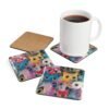 Set of colorful abstract cat‑themed coasters featuring bold brushstrokes and big expressive eyes. Shown with a mug for scale.