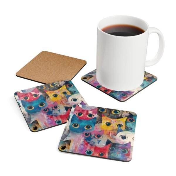 Set of colorful abstract cat‑themed coasters featuring bold brushstrokes and big expressive eyes. Shown with a mug for scale.