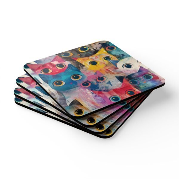 Set of colorful abstract cat‑themed coasters featuring bold brushstrokes and big expressive eyes. Shown stacked on a table.