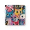 Set of colorful abstract cat‑themed coasters featuring bold brushstrokes and big expressive eyes.