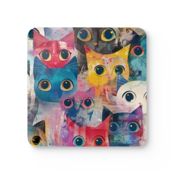 Set of colorful abstract cat‑themed coasters featuring bold brushstrokes and big expressive eyes.