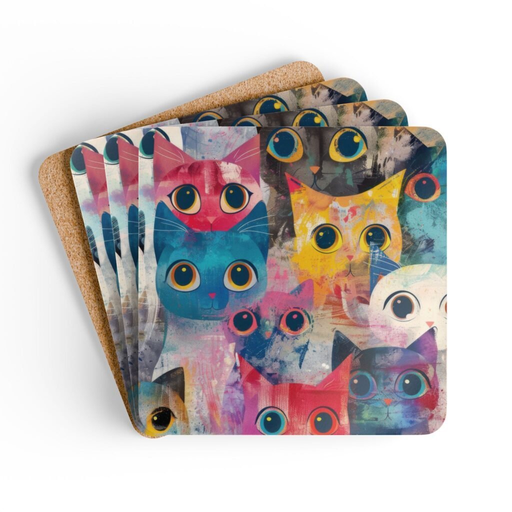 Set of colorful abstract cat‑themed coasters featuring bold brushstrokes and big expressive eyes. Shown stacked on a table.