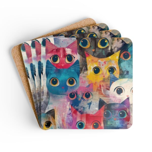 Set of colorful abstract cat‑themed coasters featuring bold brushstrokes and big expressive eyes. Shown stacked on a table.