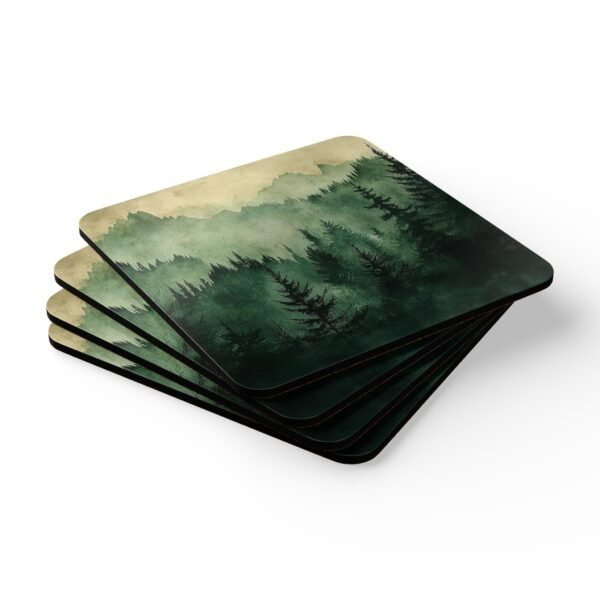 Set of four square coasters with image of misty green and grey forest landscape with layered trees fading into soft mountain fog.