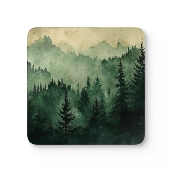 Square coaster with image of misty green and grey forest landscape with layered trees fading into soft mountain fog.