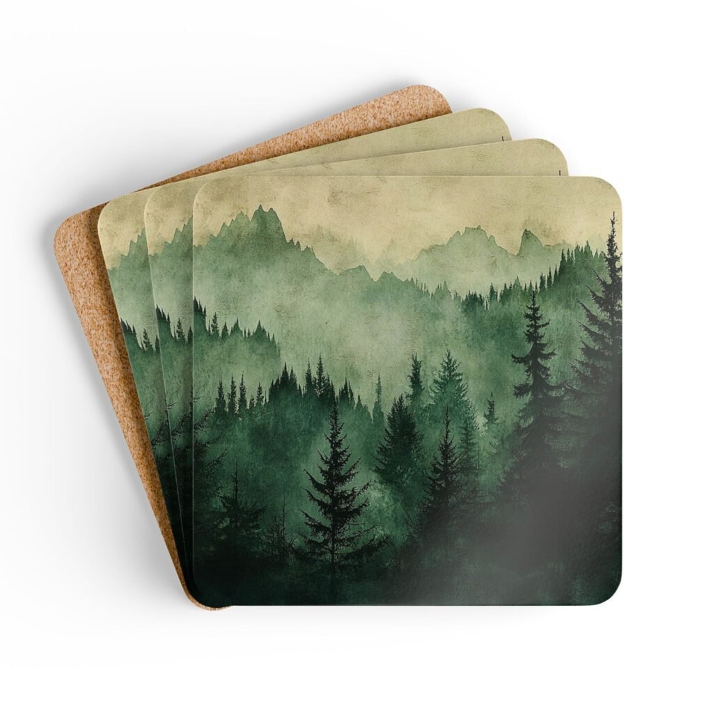 Set of four square coasters with image of misty green and grey forest landscape with layered trees fading into soft mountain fog.