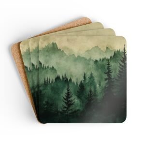 Set of four square coasters with image of misty green and grey forest landscape with layered trees fading into soft mountain fog.