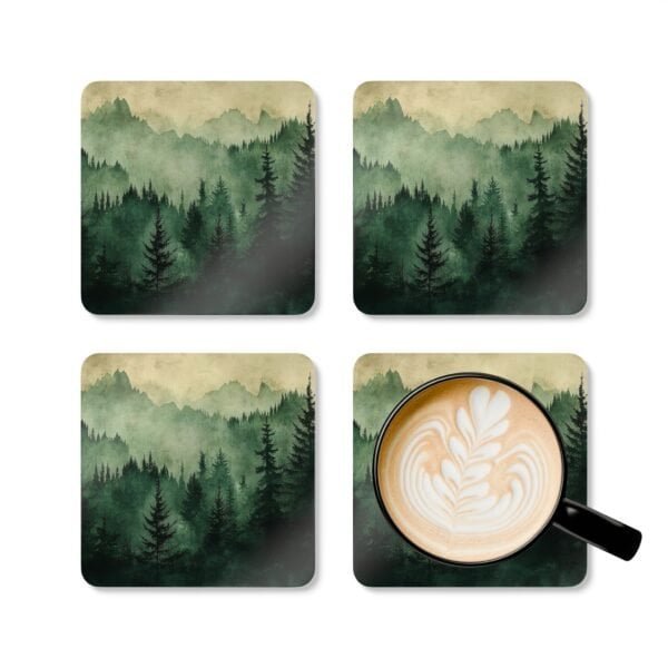 Set of four square coasters with image of misty green and grey forest landscape with layered trees fading into soft mountain fog.