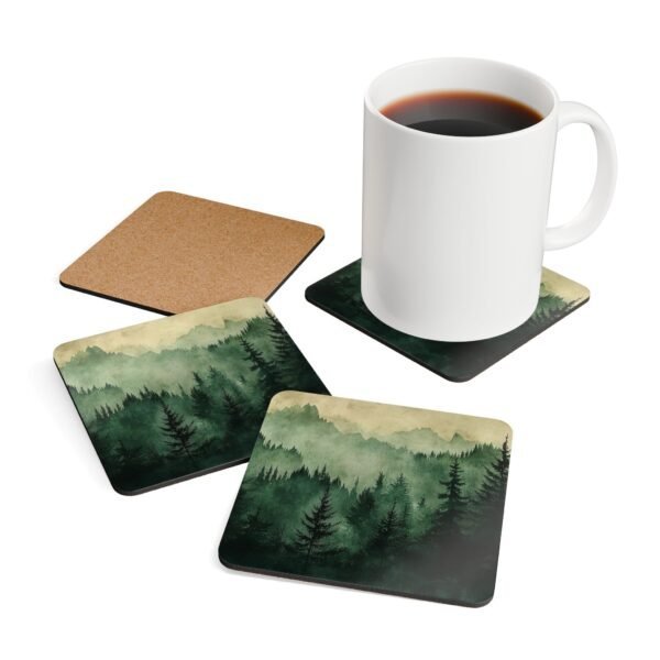 Set of four square coasters with image of misty green and grey forest landscape with layered trees fading into soft mountain fog.