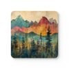Coaster set featuring a rainbow watercolor forest with layered mountains and soft blended colors.