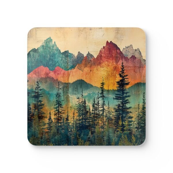 Coaster set featuring a rainbow watercolor forest with layered mountains and soft blended colors.
