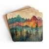Coaster set featuring a rainbow watercolor forest with layered mountains and soft blended colors.