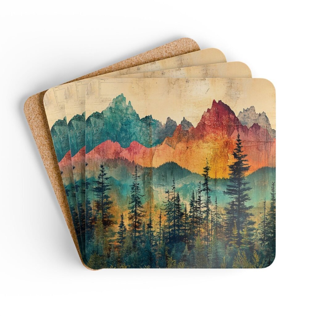 Coaster set featuring a rainbow watercolor forest with layered mountains and soft blended colors.