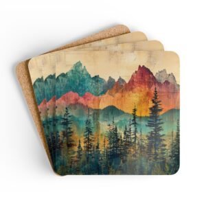 Coaster set featuring a rainbow watercolor forest with layered mountains and soft blended colors.