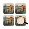 Coaster set featuring a rainbow watercolor forest with layered mountains and soft blended colors.