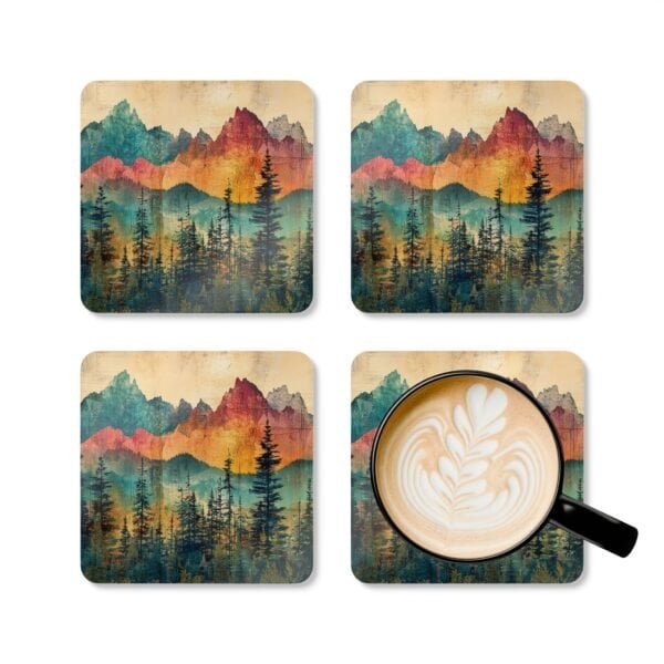 Coaster set featuring a rainbow watercolor forest with layered mountains and soft blended colors.