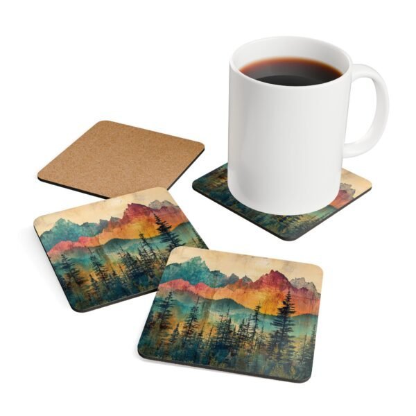 Coaster set featuring a rainbow watercolor forest with layered mountains and soft blended colors.
