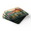 Coaster set featuring a rainbow watercolor forest with layered mountains and soft blended colors.