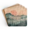 Coaster set featuring misty pines and a warm smokey sunset in soft tones.